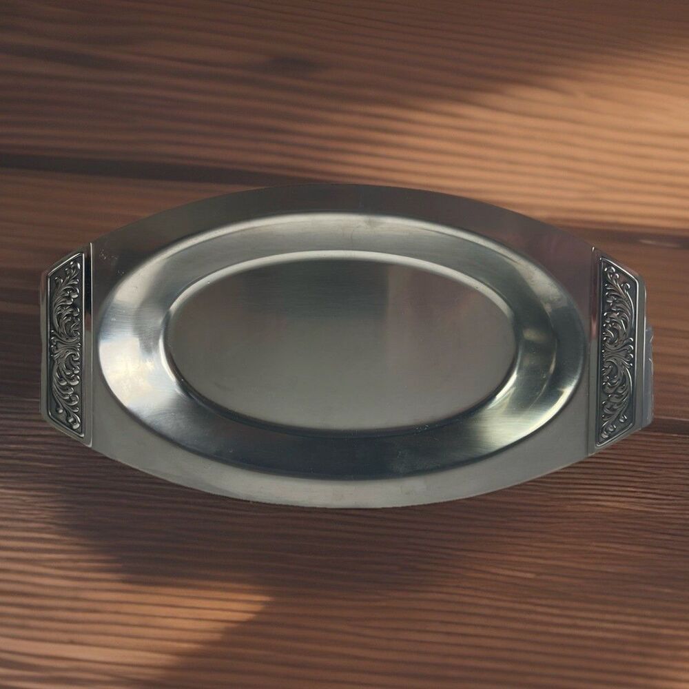 Vintage Serving Tray MCM stainless steel oval platter 12”